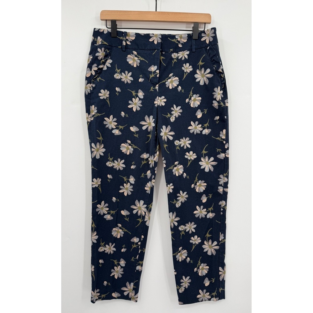 Talbots Pants Womens 8 Blue Floral Chino Ankle Crop Ruffle Pockets Stretch